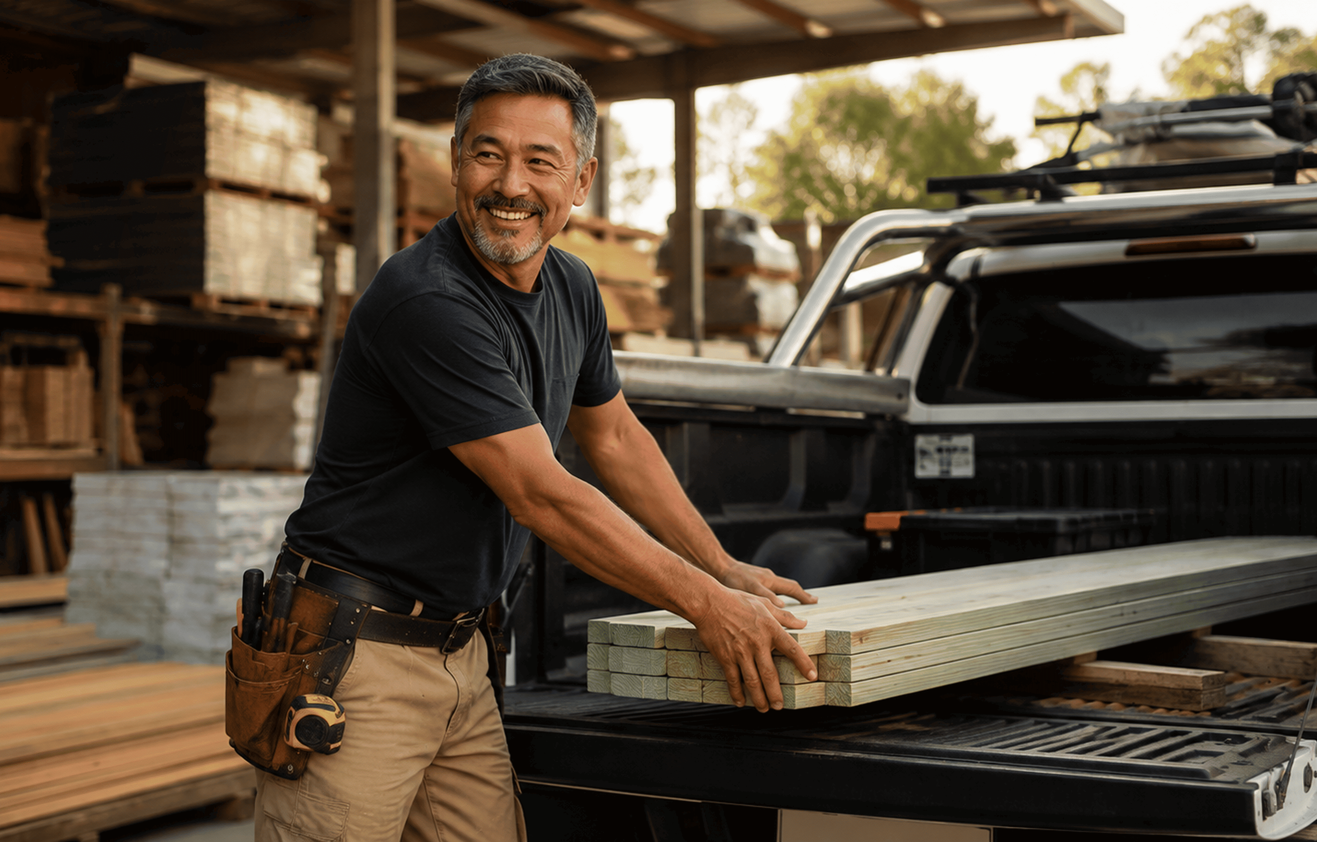 Smiling industry professional loading materials into the back of a truck
