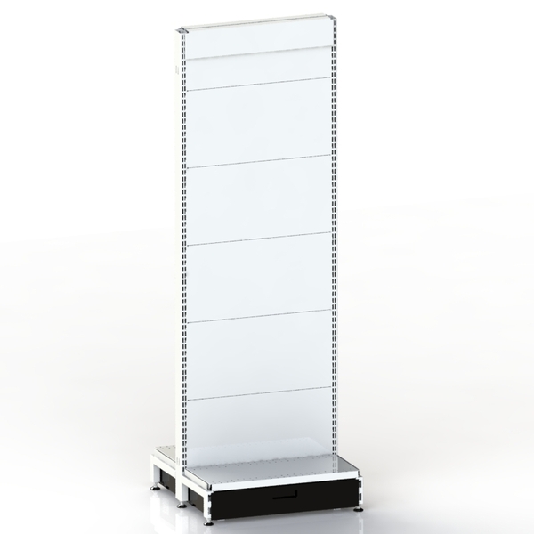 Pharmacy Gondola w/. Skirt Drawer  Start Bay  Flat Back Panel  W600 x H1815 x D270  Pearl White